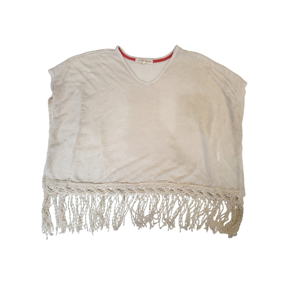 Rewind Womens Beige Knit V-Neck Poncho Top Crochet Lace Fringe Hem Medium